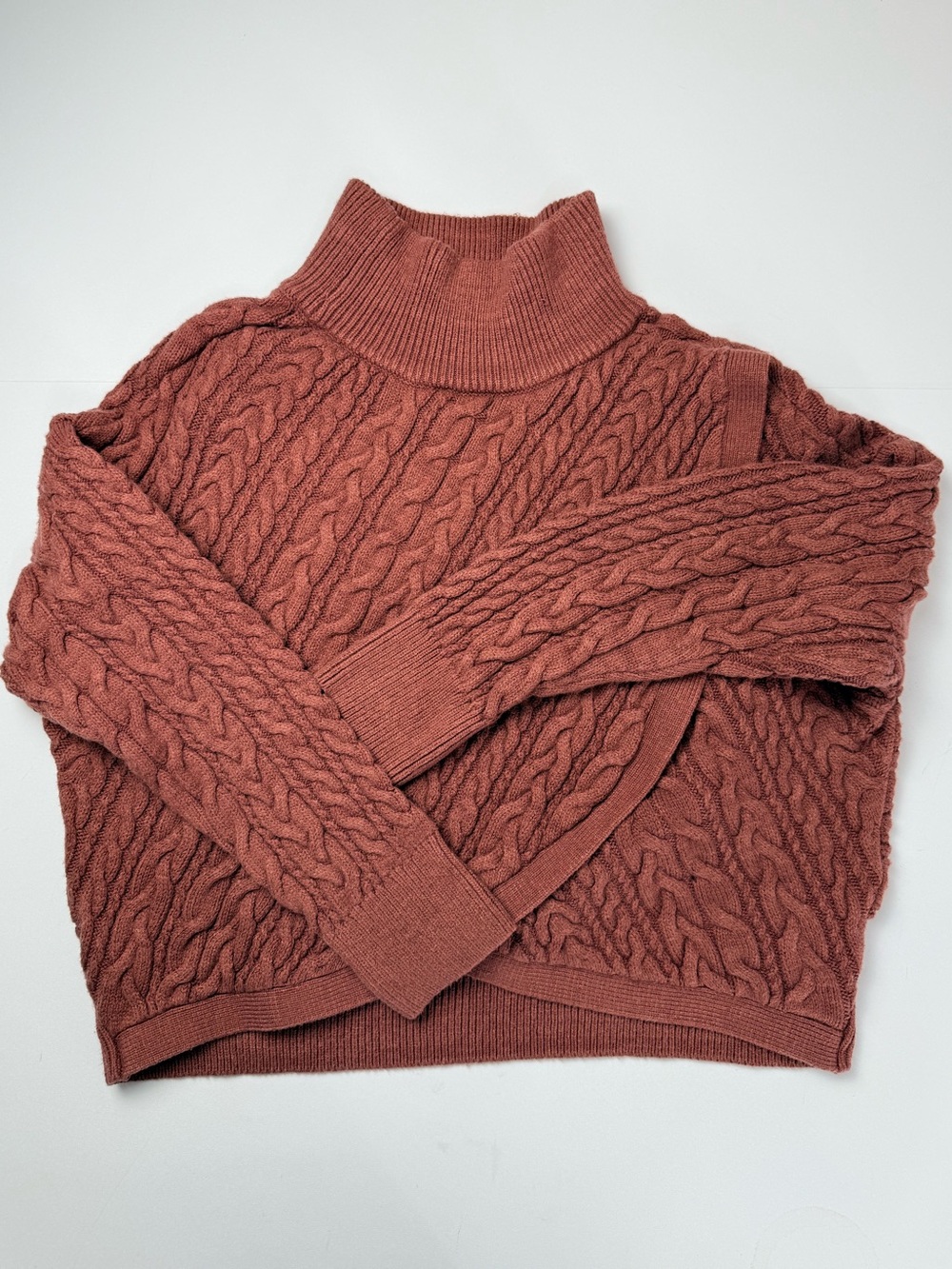 Express L Rust Cable Knit Wrap Front Turtleneck Sweater Terracotta Cotton Blend - Picture 8 of 8